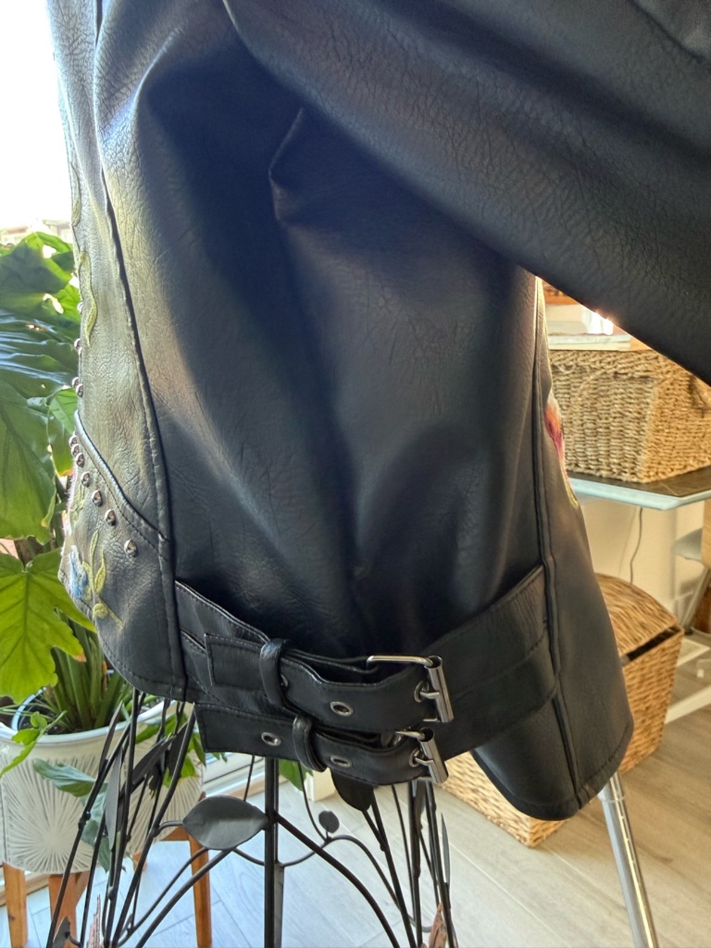 Women's Black Embroidered Faux Leather Moto Jacket - Picture 11 of 14